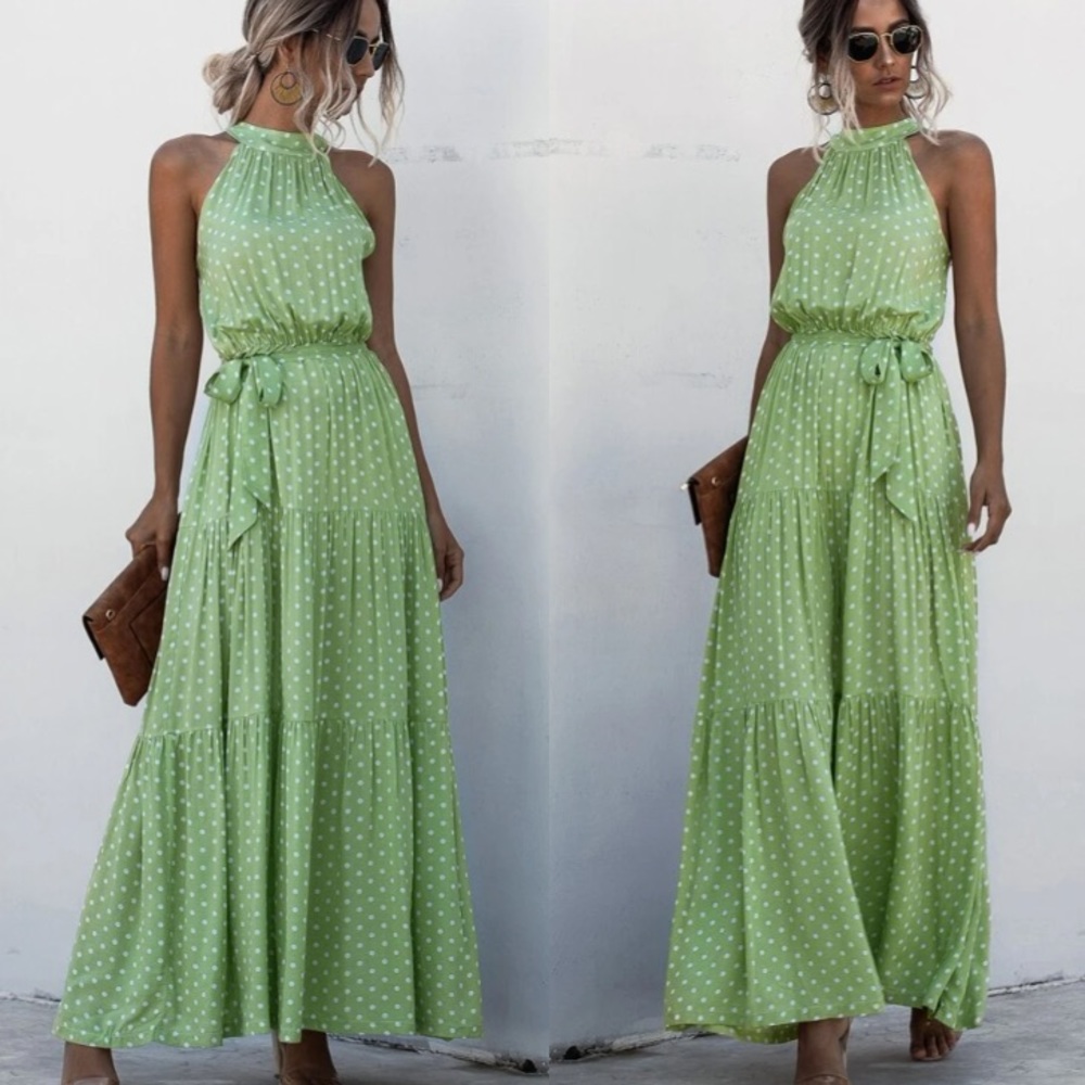 Boho green halter dot belted maxi dress - Picture 5 of 7